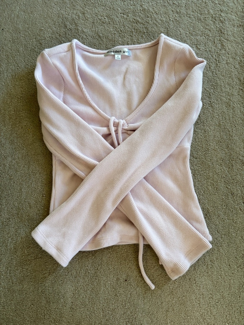 Madden Girl Light Pink Ribbed V-Neck Tie-Front Sweater